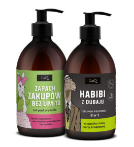 zestaw żeli pod prysznic marki LaQ dla niej i dla niego-zawiera żel Kiwi i Winogrona Zapach Zakupów bez limitu 500 ml oraz Habibi z Dubaju o zapachu złotej karty kredytowej 500 ml