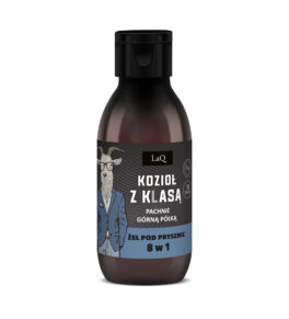 żel pod prysznic LaQ dla mężczyzn Kozioł z Klasą w butelce 100 ml z czarną etykietą z kozłem w garniturze