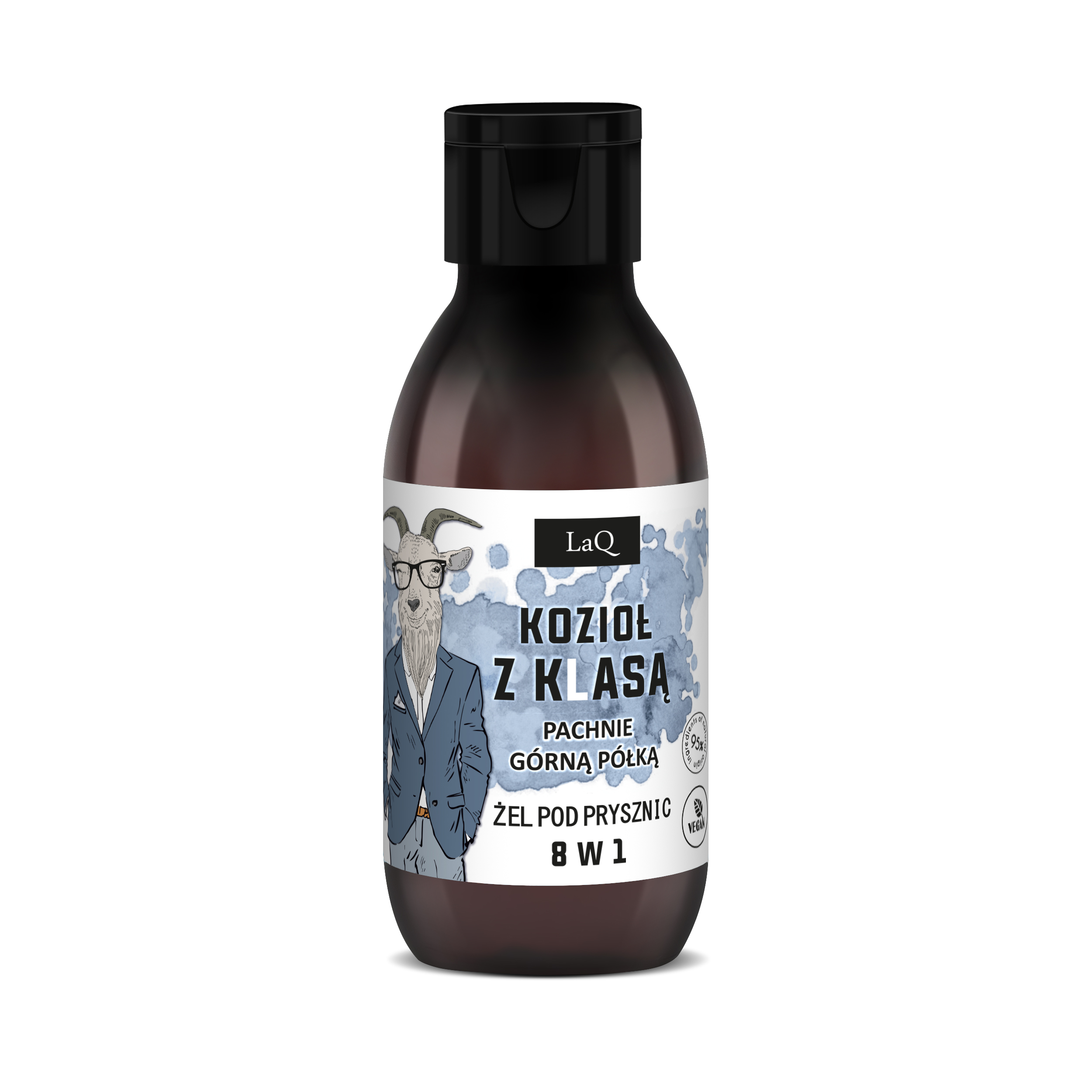 żel LaQ Kozioł z Klasą w brązowej butelce 100 ml z biało-niebieską etykietą z Kozłem w marynarce