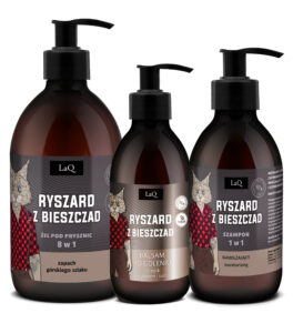 zestaw kosmetyków dla mężczyzn Ryszard z Bieszczad zawierający żel pod prysznic w butelce 500 ml z pompką, szampon do włosów w butelce 300 ml z pompką oraz balsam po goleniu w butelce 150 ml z pompką