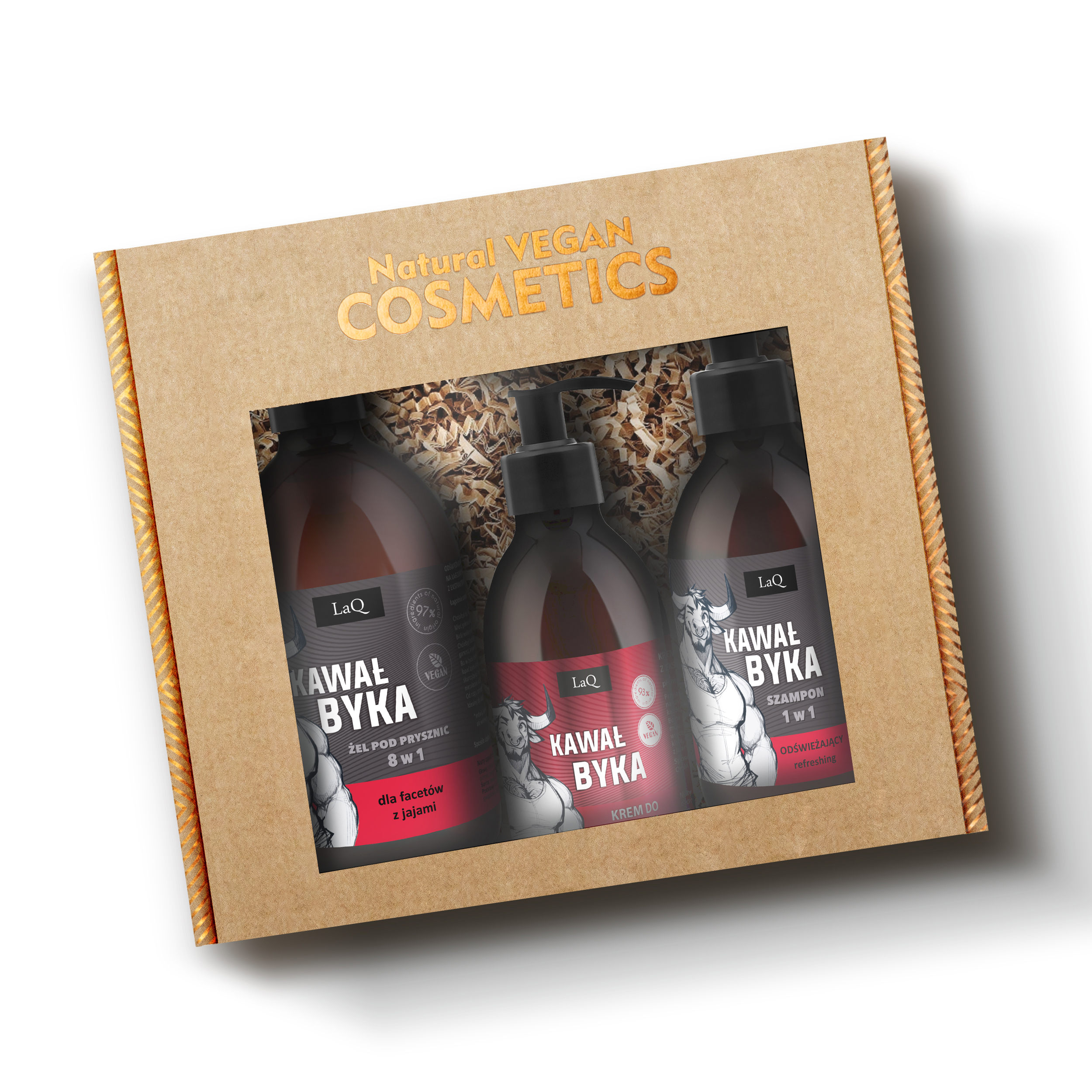zestaw kosmetyków dla mężczyzn Kawał Byka zawierający żel pod prysznic w brązowej butelce 500 ml z pompką, odświeżający szampon do włosów w butelce 300 ml z pompką oraz krem do twarzy i po goleniu w butelce z pompką 150 ml w kartoniku prezentowym na sianku