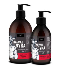 zestaw LaQ Kawał Byka zawierający żel pod prysznic 500 ml w brązowej butelce z pompką oraz szampon do włosów w butelce 300 ml z pompką, oba maja etykietę czarno-czerwoną z bykiem