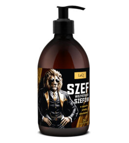 żel pod prysznic dla mężczyzn LaQ Szef Wszystkich Szefów w butelce 500 ml z pompką oraz etykietą z wizerunkiem lwa w garniturze