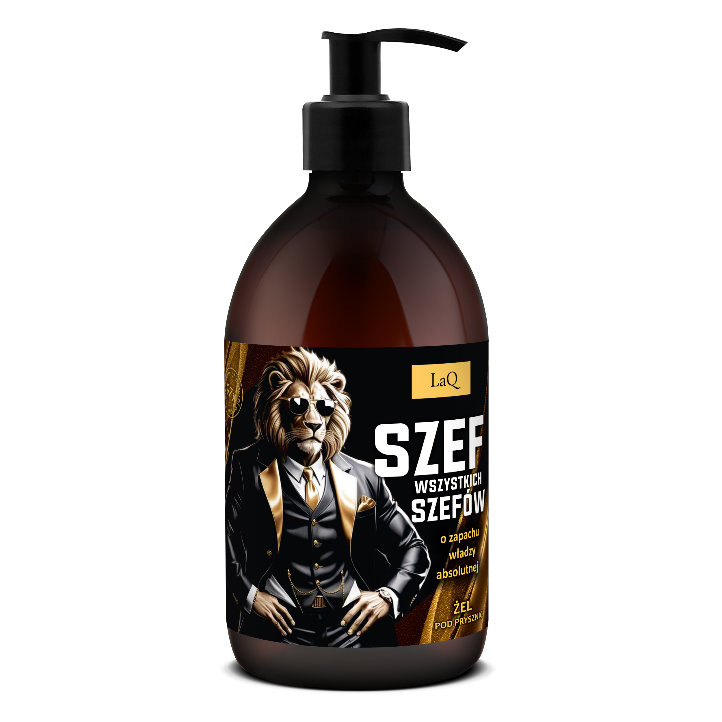 żel pod prysznic dla mężczyzn LaQ Szef Wszystkich Szefów w butelce 500 ml z pompką oraz etykietą z wizerunkiem lwa w garniturze