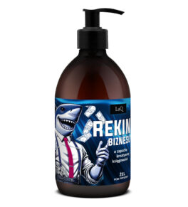 żel pod prysznic dla mężczyzn marki LaQ Rekin Biznesu w brązoej butelce 500 ml z pompką oraz niebieską etykietą z wizerunkiem rekina