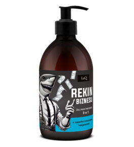 żel pod prysznic dla mężczyzn LaQ Rekin Biznesu w brązowej butelce 500 ml z pompką z etykietą z rekinem w koszuli, spodniach i szelkach