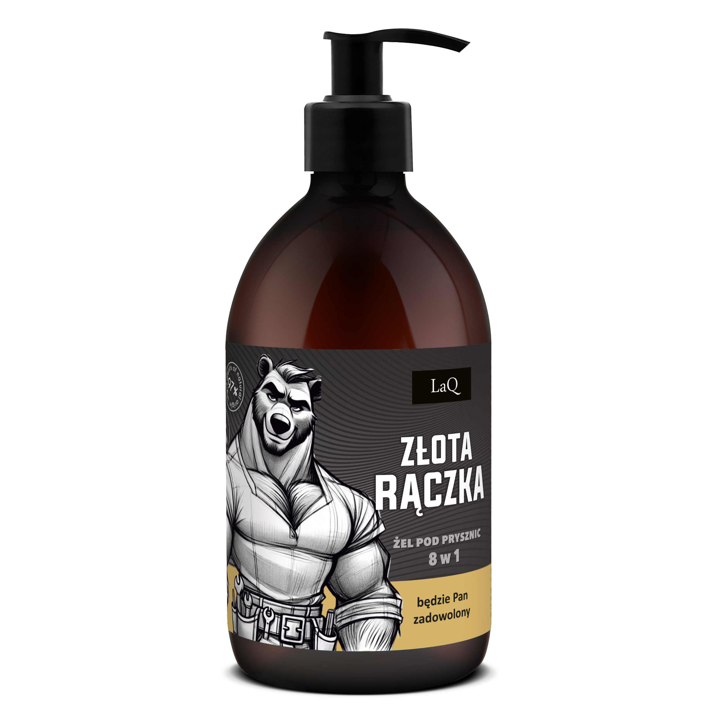 żel pod prysznic dla mężczzn maeki LaQ Złota Rączka w brązowej butelce 500 m z pompką oraz etykietą z niedźwiedziem złotą rączką