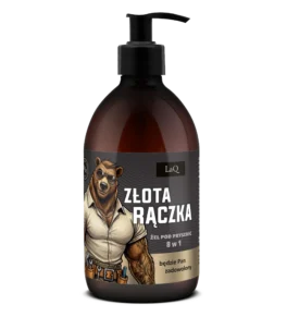żel pod prysznic dla mężczzn maeki LaQ Złota Rączka w brązowej butelce 500 m z pompką oraz etykietą z niedźwiedziem złotą rączką