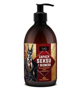 żel pod prysznic dlaa mężczyzn marki LaQ Zapach Seksu i Biznesu w butelce 500 ml z pompką z dobermanem w garniturze na etykiecie
