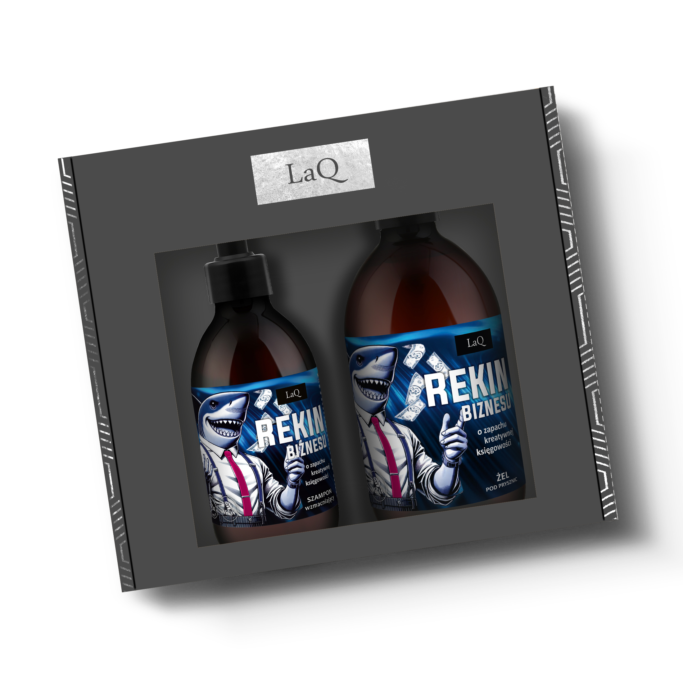 zestaw kosmetyków dla mżczyzn LaQ Rekin Biznesu zawierający żel pod prysznic 500 ml oraz szampon 300 ml zapakowane w kartonik prezentowy