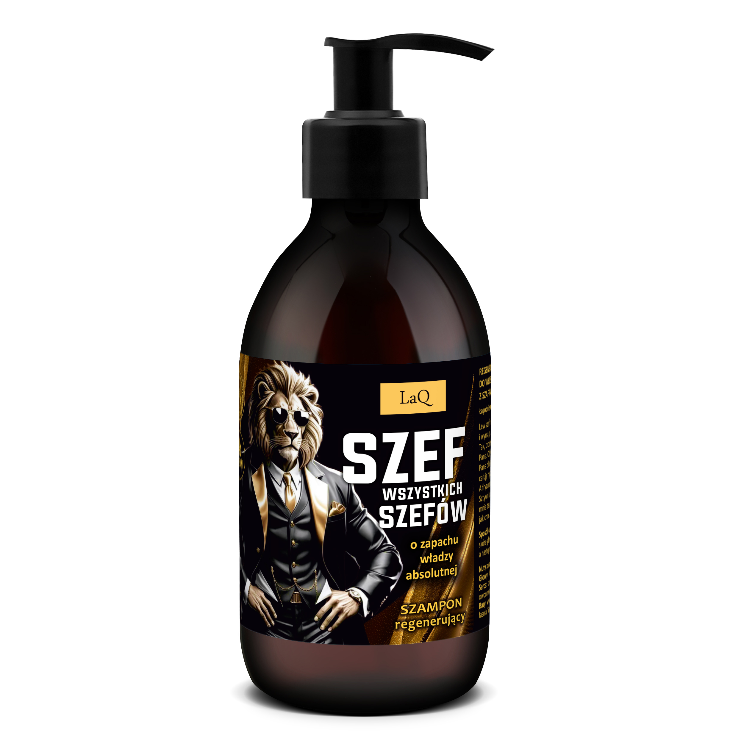 szampon do włosów dla mężczyzn LaQ Szef Wszystkich Szefów 300 ml w butelce z pompką oraz etykietą z wizerunkiem lwa w garniturze