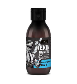 żel pod prysznic dla mężczyzn LaQ Rekin Biznesu w brązowej butelce 100 ml z etykietą z rekinem w koszuli, spodniach i szelkach