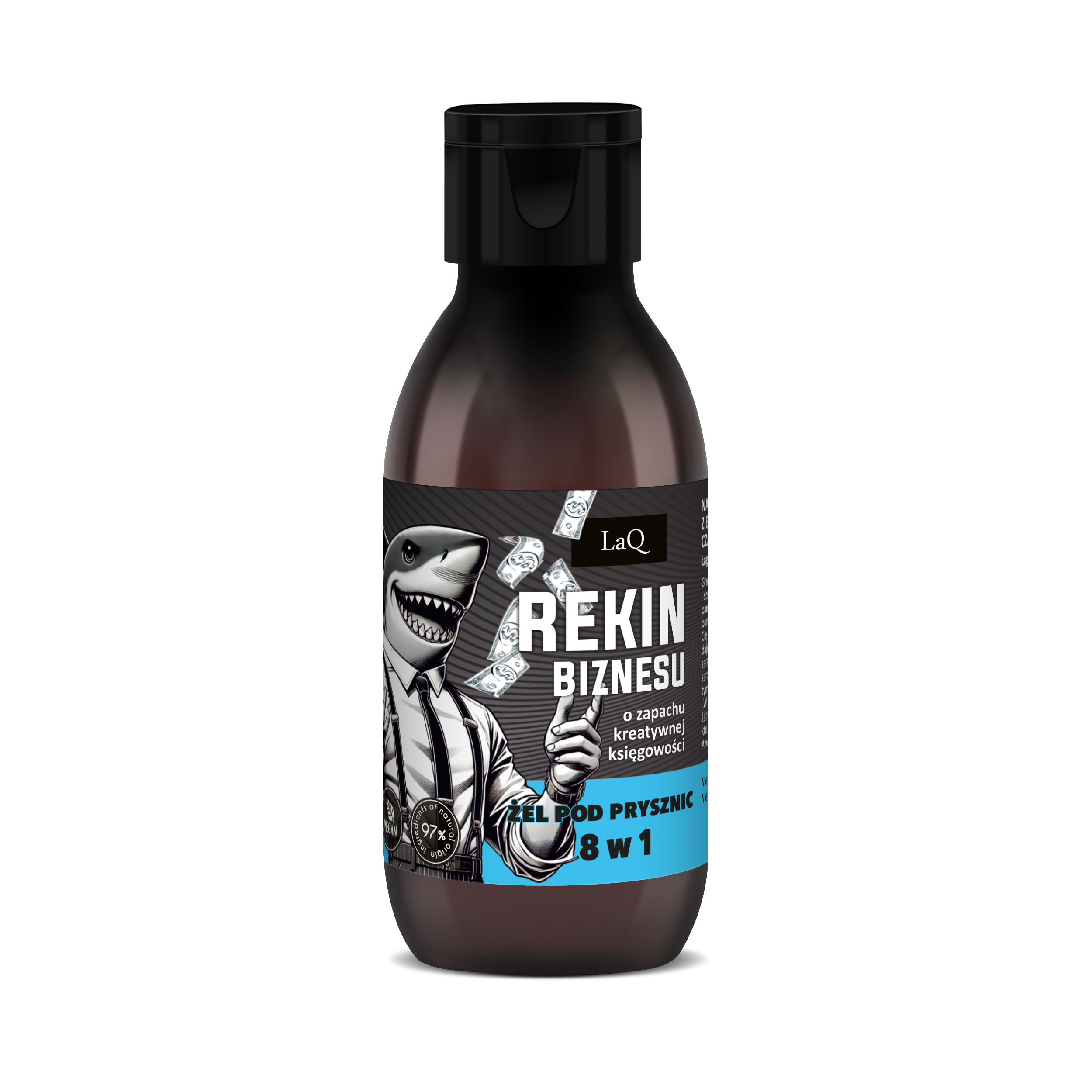 żel pod prysznic dla mężczyzn LaQ Rekin Biznesu w brązowej butelce 100 ml z etykietą z rekinem w koszuli, spodniach i szelkach