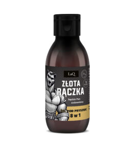 żel pod prysznic dla mężczzn maeki LaQ Złota Rączka w brązowej butelce 100 ml travel size oraz etykietą z niedźwiedziem złotą rączką
