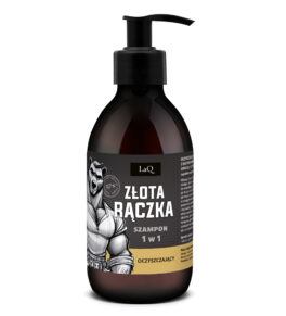 szampon do włosów dla mężczyzn LaQ Złota Rączka 300 ml w butelce z pompką oraz etykietą niedźwiedzia złotej rączki