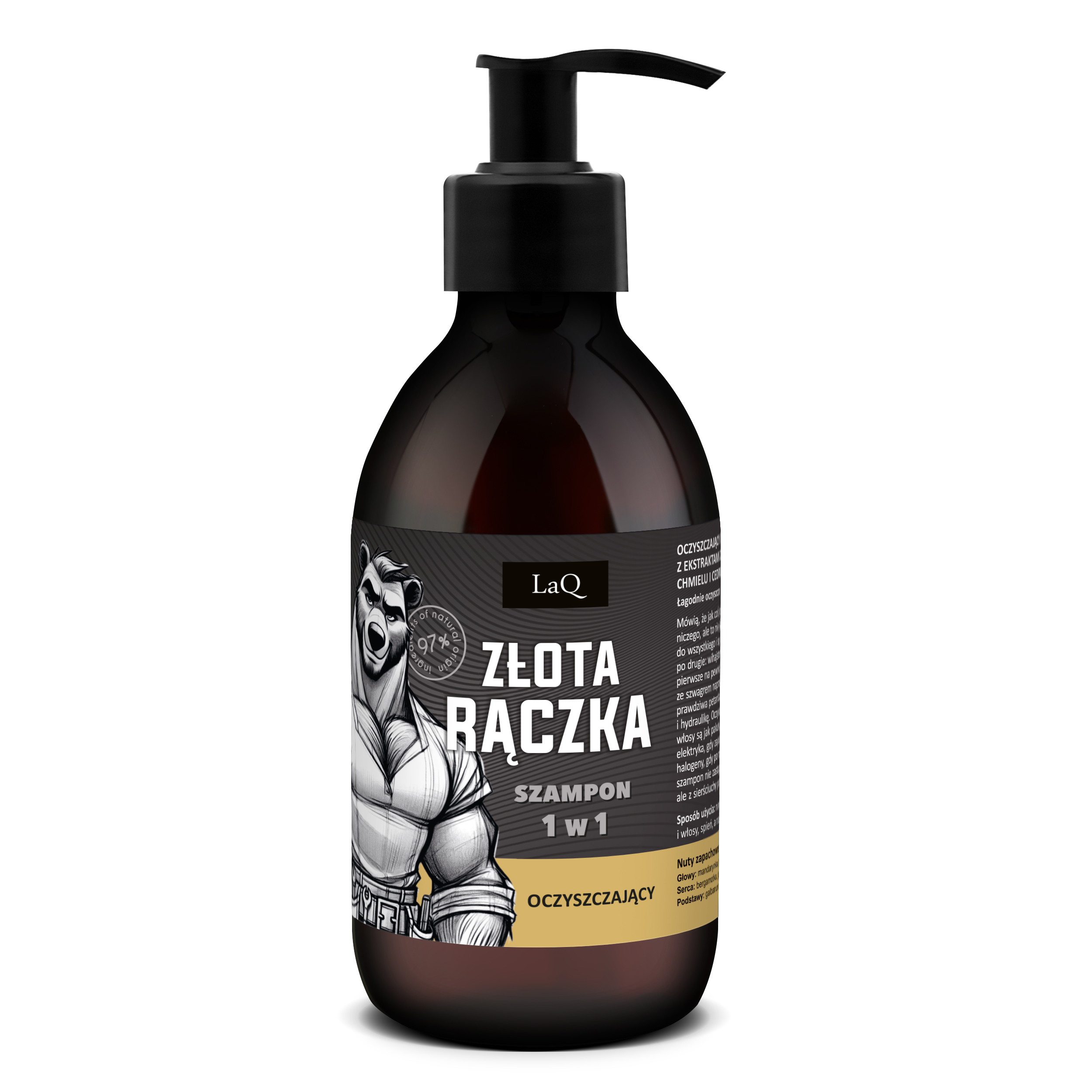 szampon do włosów dla mężczyzn LaQ Złota Rączka 300 ml w butelce z pompką oraz etykietą niedźwiedzia złotej rączki