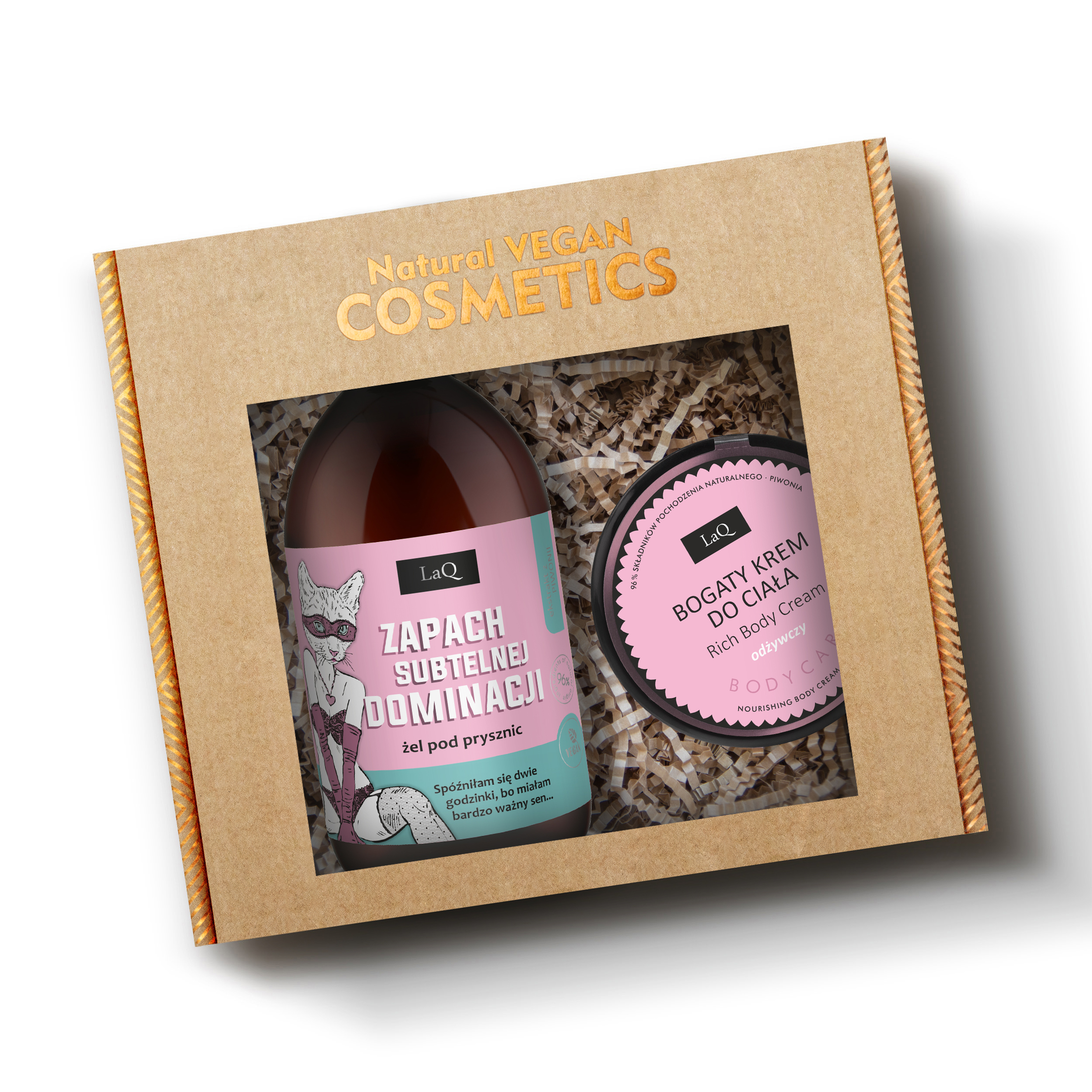 LaQ zestaw piwonia, żel pod prysznic 500 ml Bossy&Sexy, bogaty krem do ciała 220 g w kartoniku na sianku