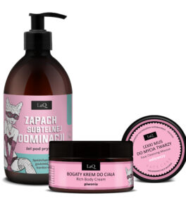 LaQ zestaw Piwonia-żel pod prysznic 500 ml Bossy&Sexy, bogaty krem do ciała odżywczy 220 g i lekki mus do mycia twarzy odżywczy 40 g