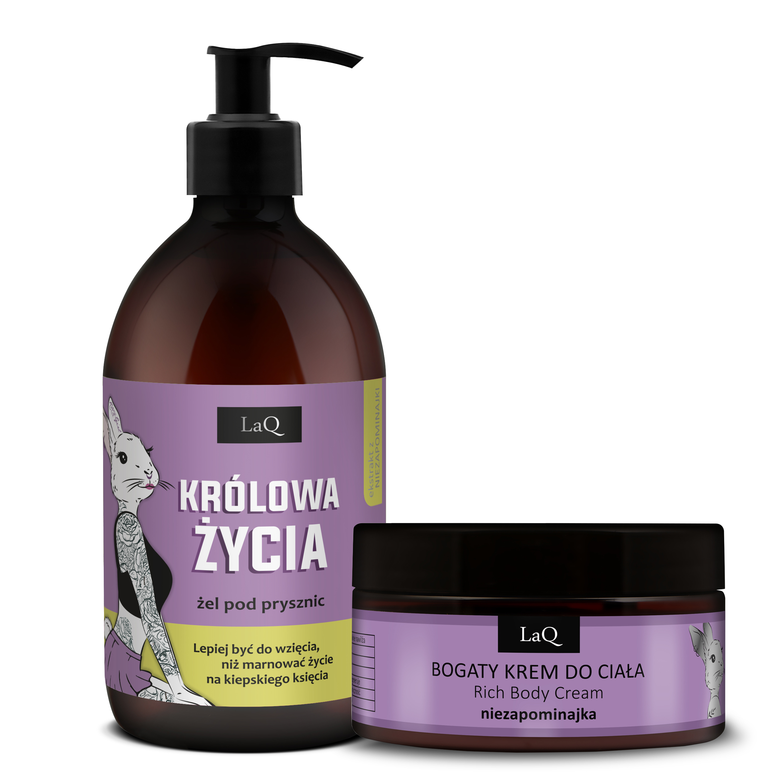 LaQ zestaw żel 500 ml Królowa Życia niezapominajka i bogaty krem do ciała łagodzący