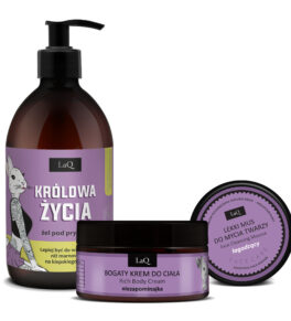 LaQ zestaw żel 500 ml Królowa Życia niezapominajka bogaty krem do ciała łagodzący lekki mus do mycia twarzy łagodzący niezapominajka