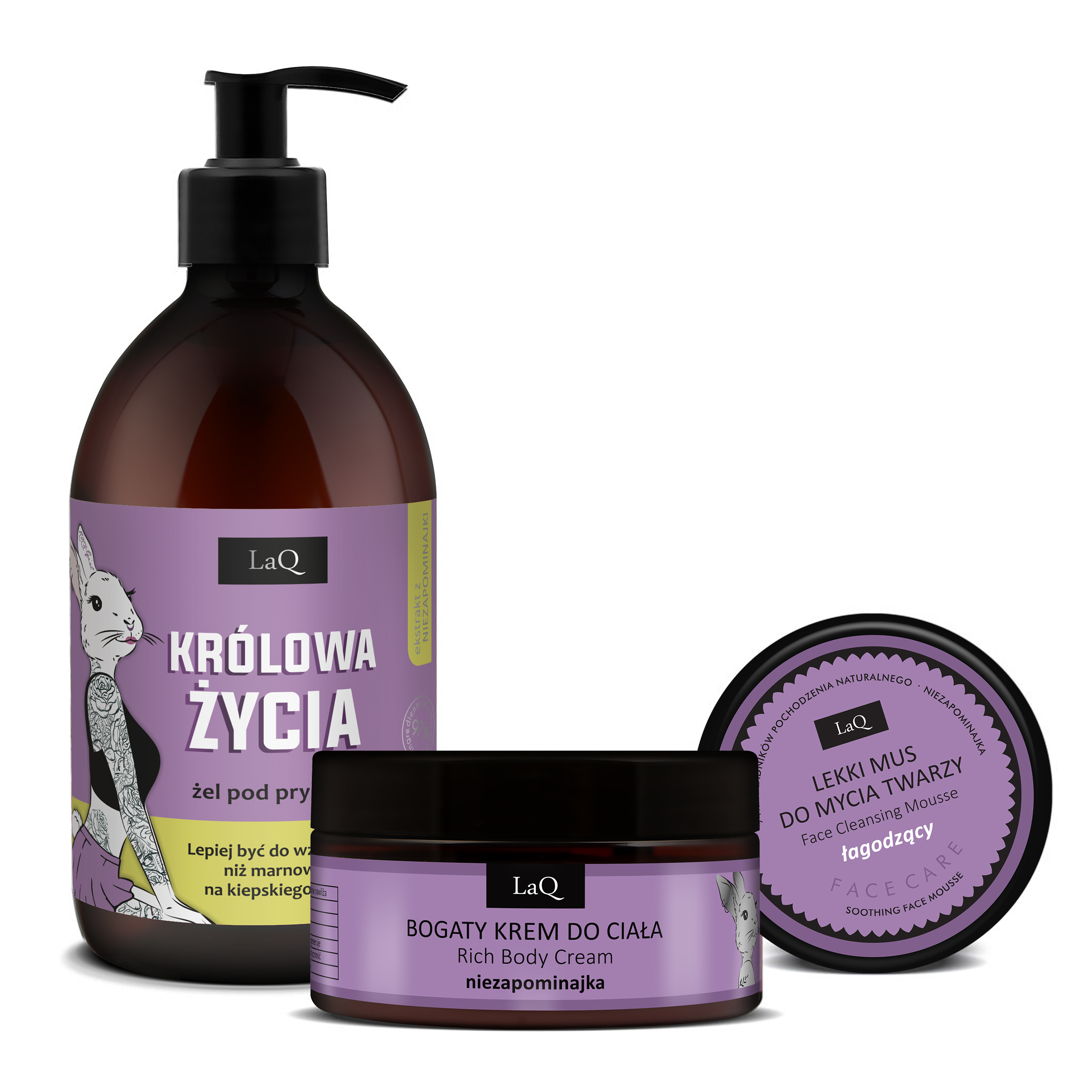 LaQ zestaw żel 500 ml Królowa Życia niezapominajka bogaty krem do ciała łagodzący lekki mus do mycia twarzy łagodzący niezapominajka