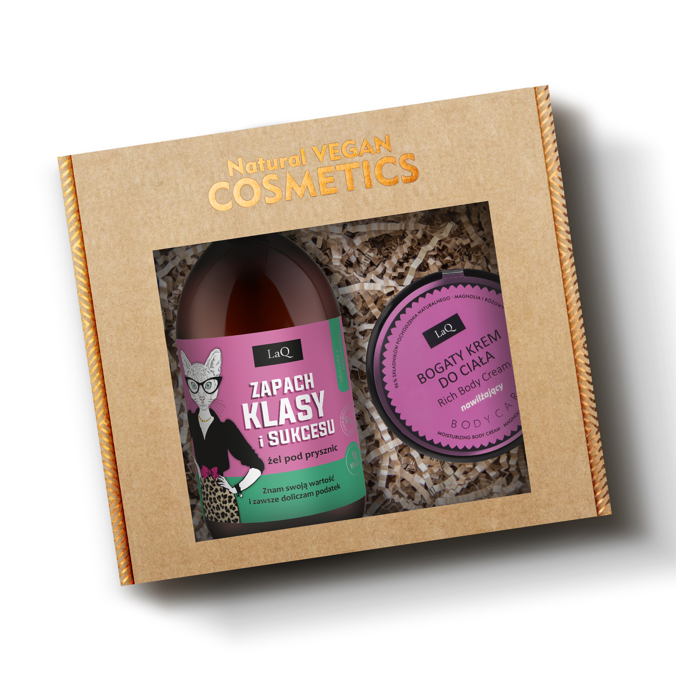 LaQ Zestaw żel 500 ml Klasa i Sukces Magnolia i różowy pieprz bogaty krem do ciała nawilżający 220 g w pudełku prezentowym na sianku