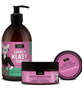 LaQ zestaw żel 500 ml Klasa i Sukces Magnolia i różowy pieprz bogaty krem do ciała lekki mus do mycia twarzy magnolia
