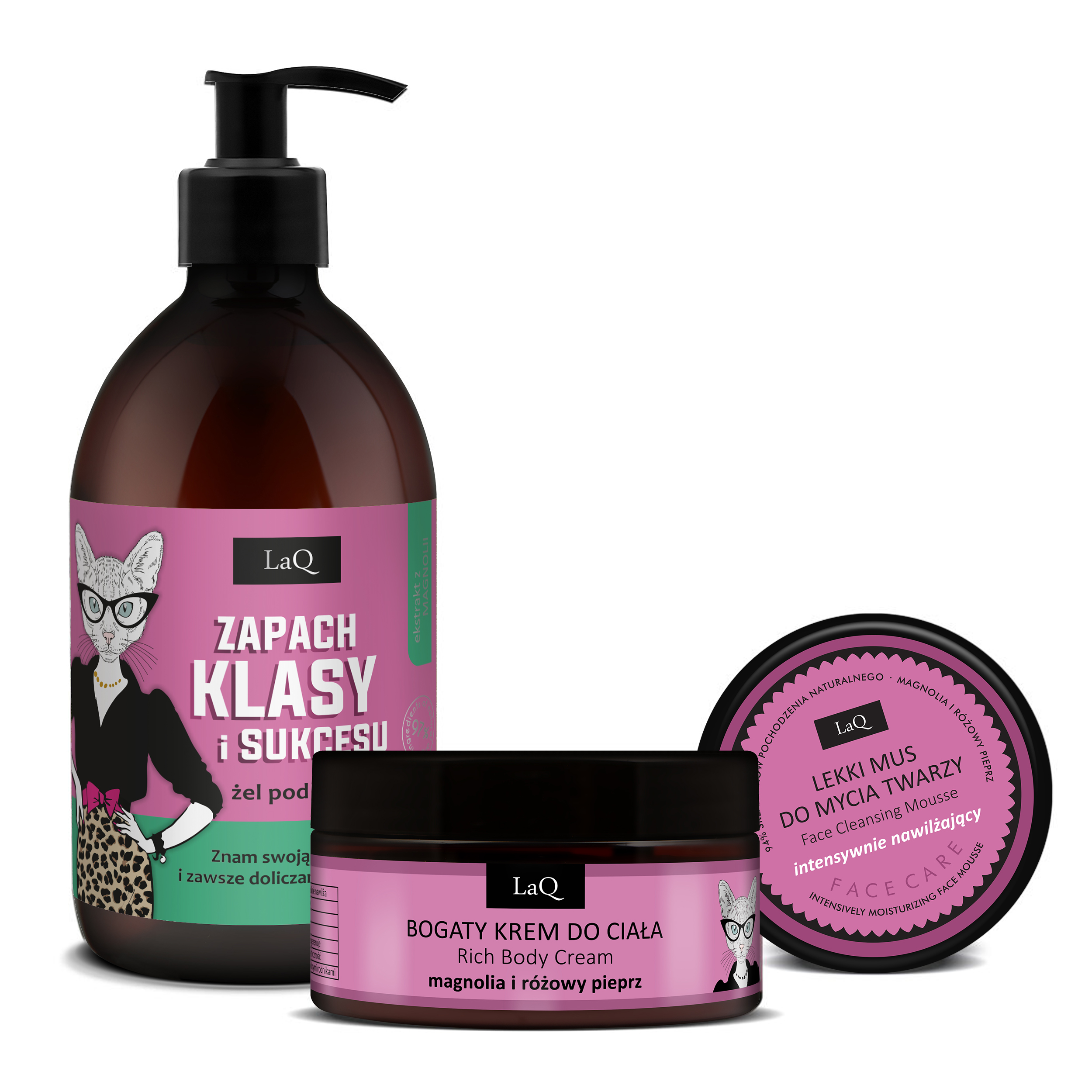 LaQ zestaw żel 500 ml Klasa i Sukces Magnolia i różowy pieprz bogaty krem do ciała lekki mus do mycia twarzy magnolia