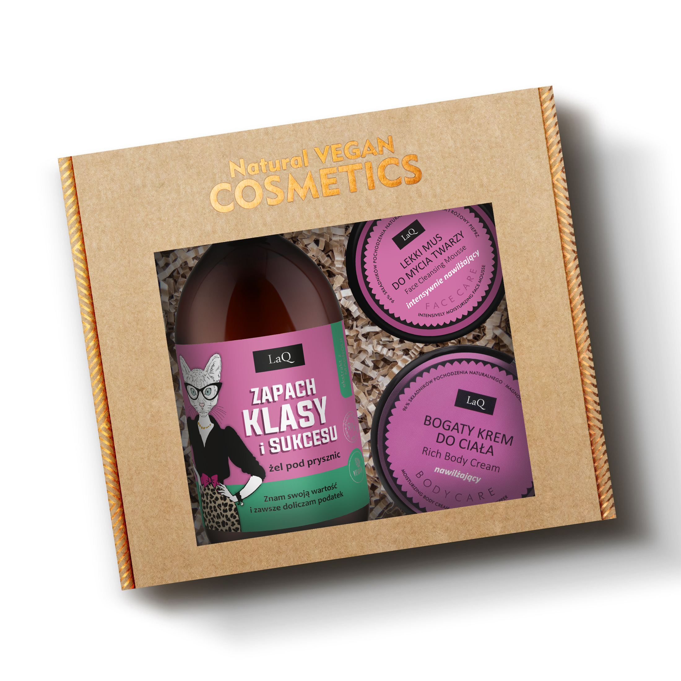 LaQ zestaw żel 500 ml Klasa i Sukces Magnolia i różowy pieprz bogaty krem do ciała lekki mus do mycia twarzy magnolia w kartoniku prezentowym na sianku