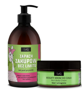 LaQ Zestaw żel 500 ml Zapach zakupów bez limitu Kiwi i Winogrona oraz bogaty krem do ciała rewitalizujący 220 g