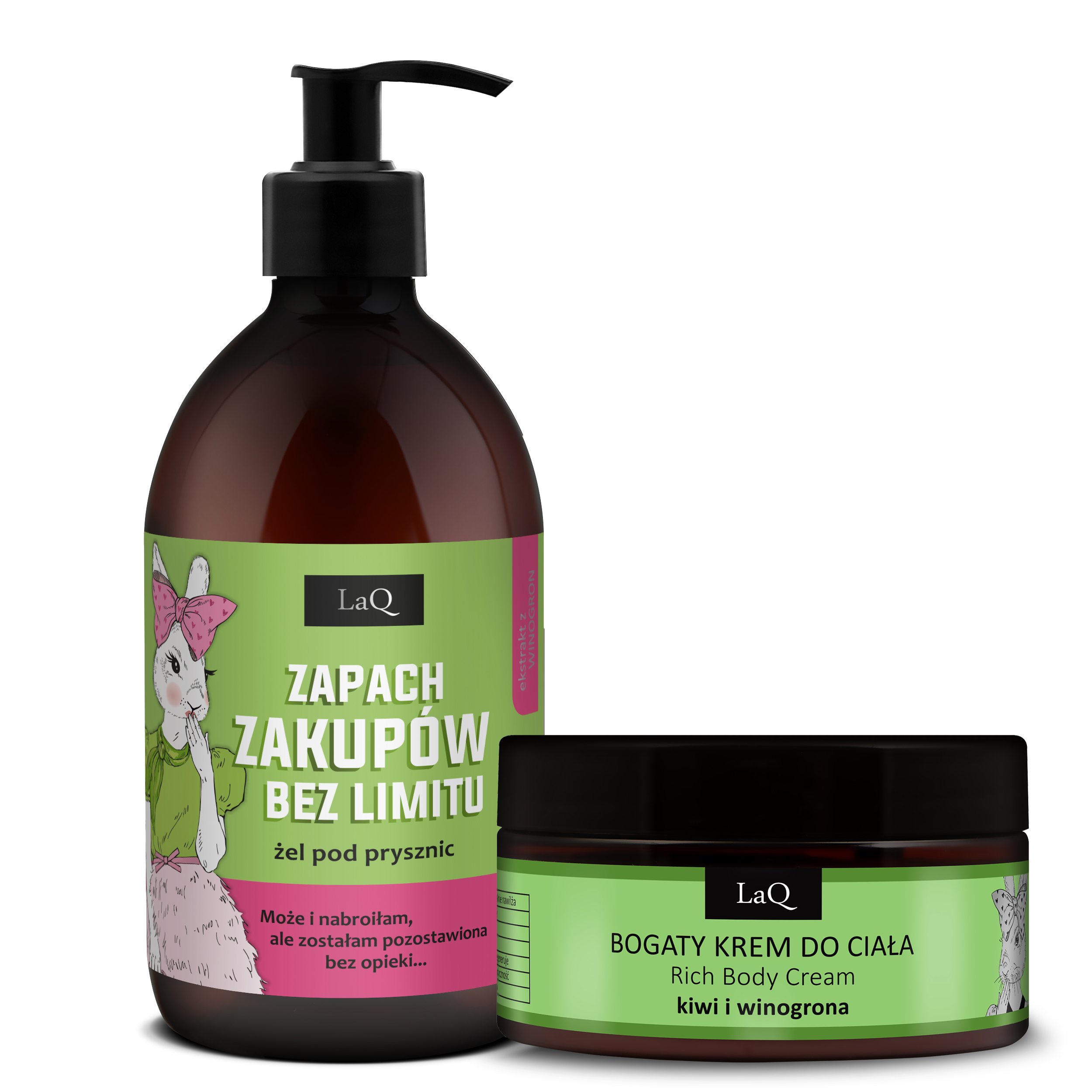 LaQ Zestaw żel 500 ml Zapach zakupów bez limitu Kiwi i Winogrona oraz bogaty krem do ciała rewitalizujący 220 g