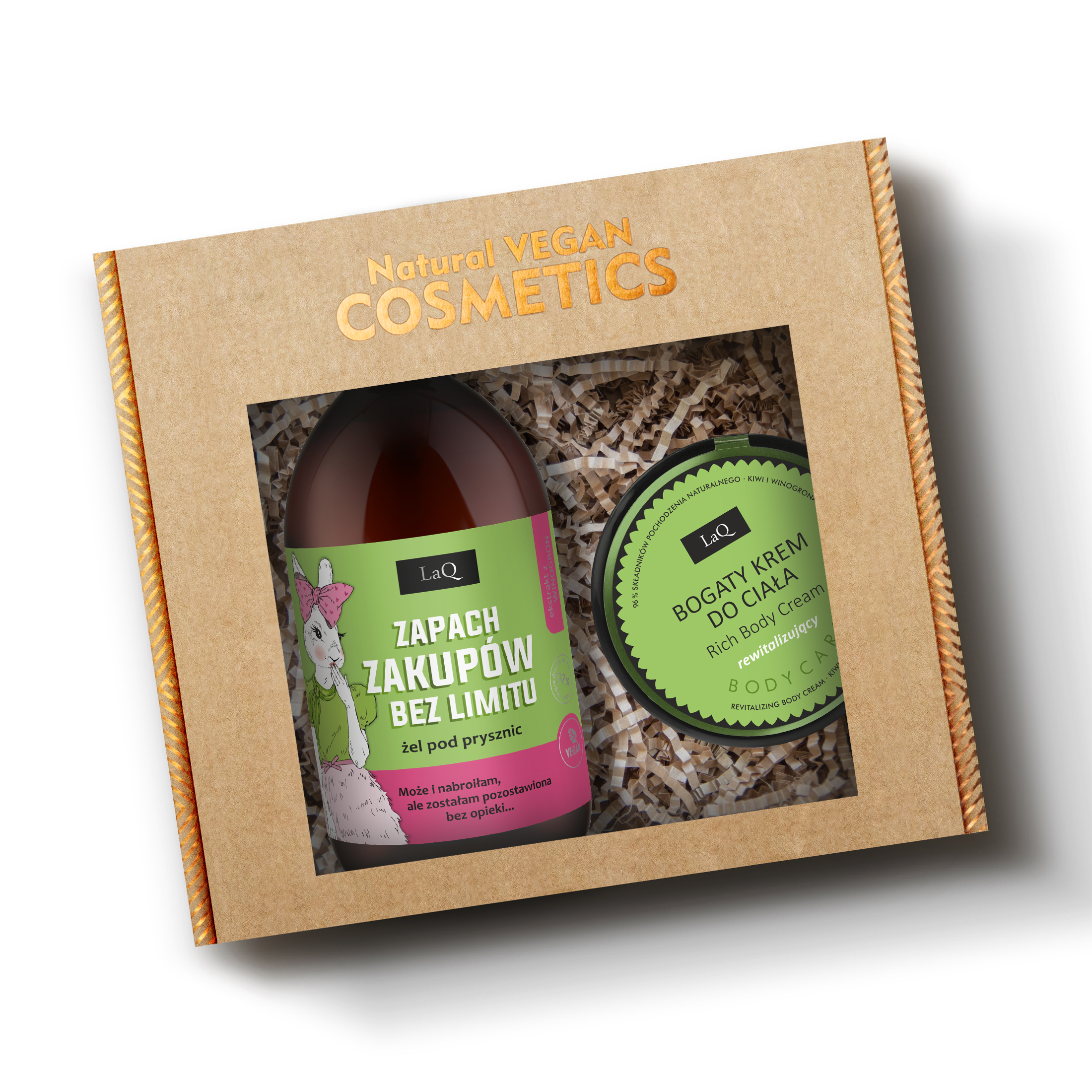 LaQ Zestaw żel 500 ml Zapach zakupów bez limitu Kiwi i Winogrona oraz bogaty krem do ciała rewitalizujący 220 g w kartoniku prezentowym na sianku