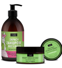 LaQ Zestaw żel 500 ml Zapach zakupów bez limitu Kiwi i Winogrona, bogaty krem do ciała rewitalizujący 220 g i mus do mycia twarzy 40 g