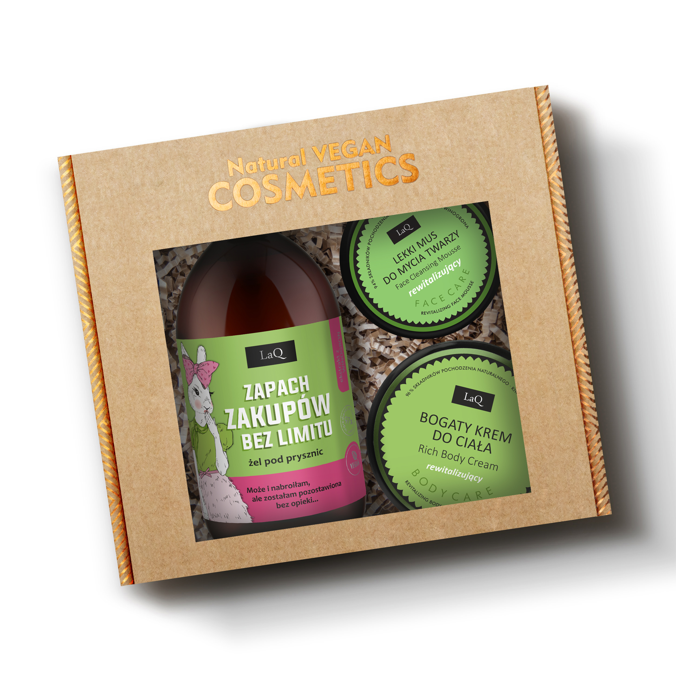 LaQ Zestaw żel 500 ml Zapach zakupów bez limitu Kiwi i Winogrona, bogaty krem do ciała rewitalizujący 220 g i mus do mycia twarzy 40 g w kartoniku prezentowym na sianku