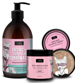 LaQ zestaw piwonia, żel pod prysznic 500 ml Zapach subtelnej dominacji, myjący peeling cukrowy 220 g, lekki mus do mycia twarzy odżywczy 40 g, masełko do twarzy 50 ml