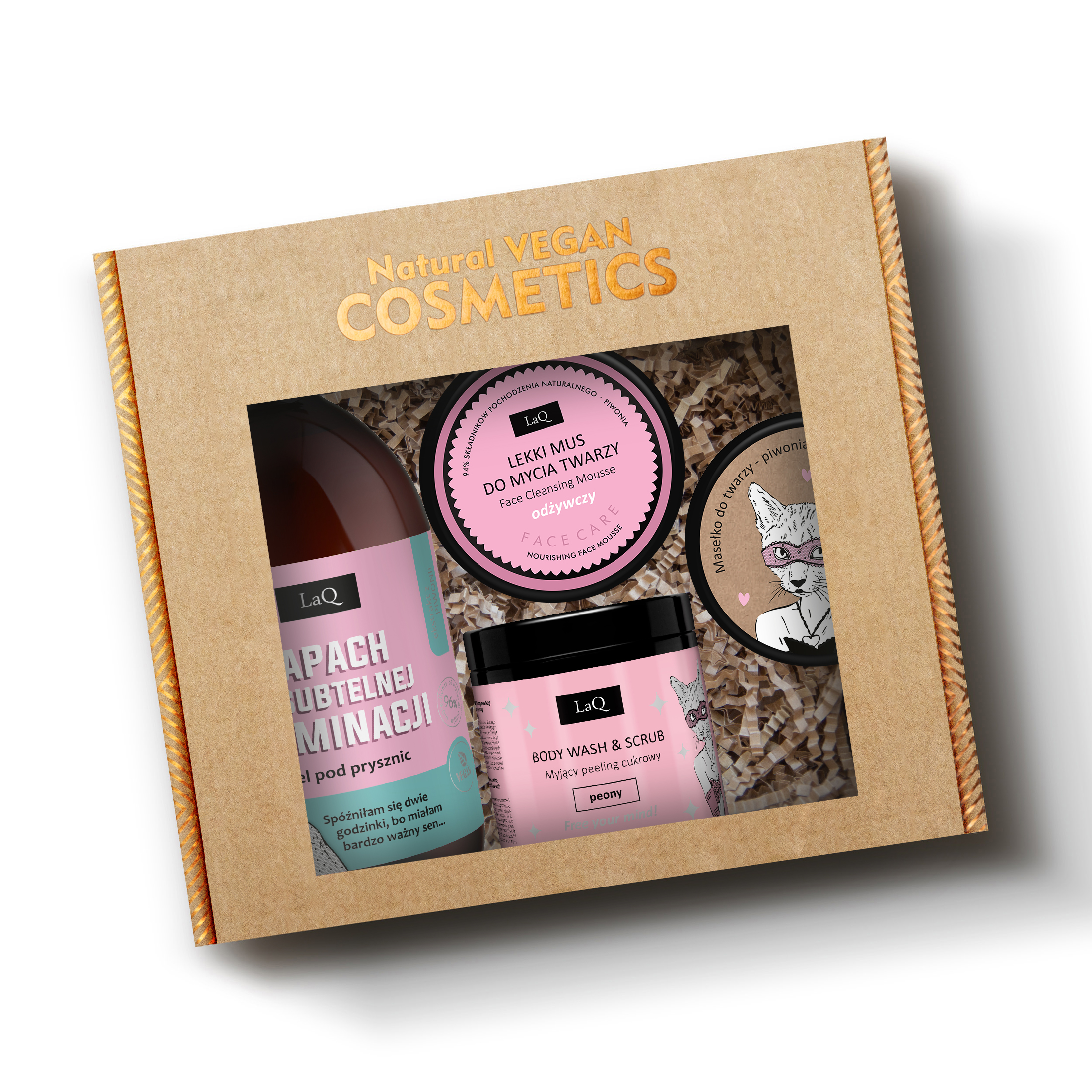 LaQ zestaw piwonia, żel pod prysznic 500 ml Zapach subtelnej dominacji, myjący peeling cukrowy 220 g, lekki mus do mycia twarzy odżywczy 40 g, masełko do twarzy 50 ml w pudełku prezentowym na sianku