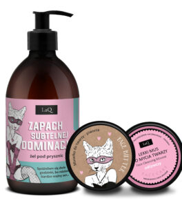 LaQ zestaw Piwonia Zapach Subtelnej Dominacji-żel pod prysznic 500 ml, maselko do twarzy 50 ml i lekki mus do mycia twarzy odżywczy 40 g