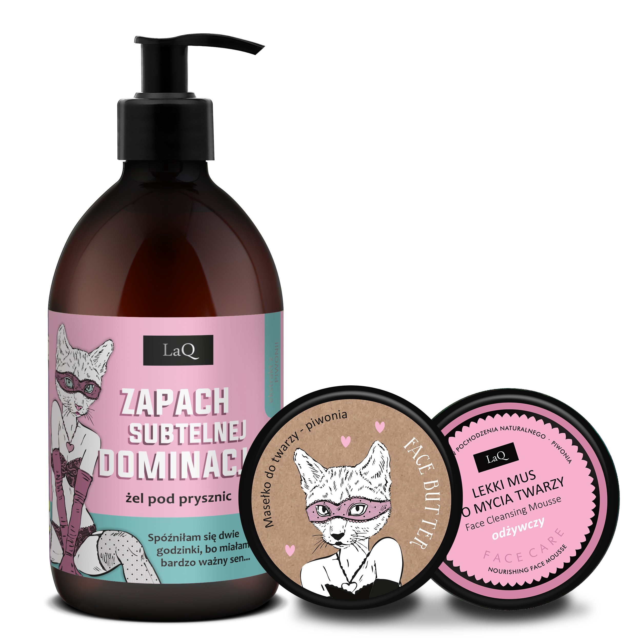 LaQ zestaw Piwonia Zapach Subtelnej Dominacji-żel pod prysznic 500 ml, maselko do twarzy 50 ml i lekki mus do mycia twarzy odżywczy 40 g