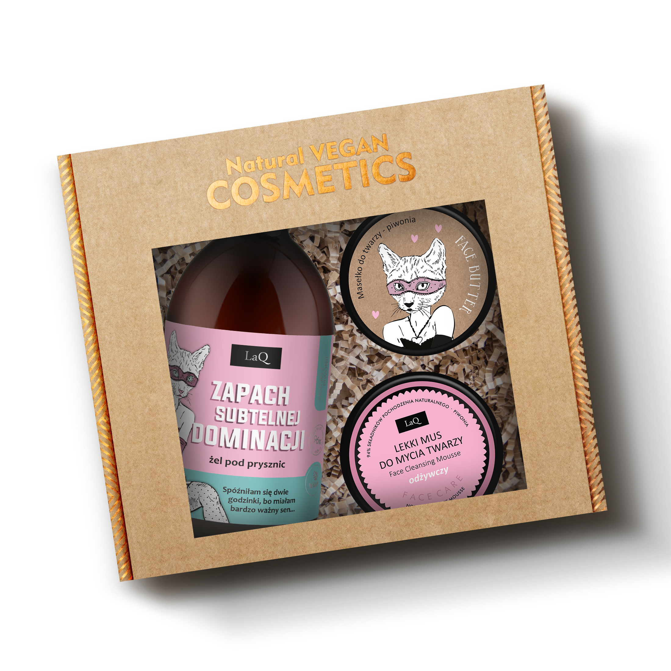 LaQ zestaw Piwonia Zapach Subtelnej Dominacji-żel pod prysznic 500 ml, maselko do twarzy 50 ml i lekki mus do mycia twarzy odżywczy 40 g w kartoniku prezentowym na sianku