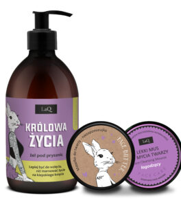LaQ zestaw żel 500 ml Królowa Życia niezapominajka , masełko do twarzy 50 ml oraz łagodzący lekki mus do mycia twarzy łagodzący niezapominajka