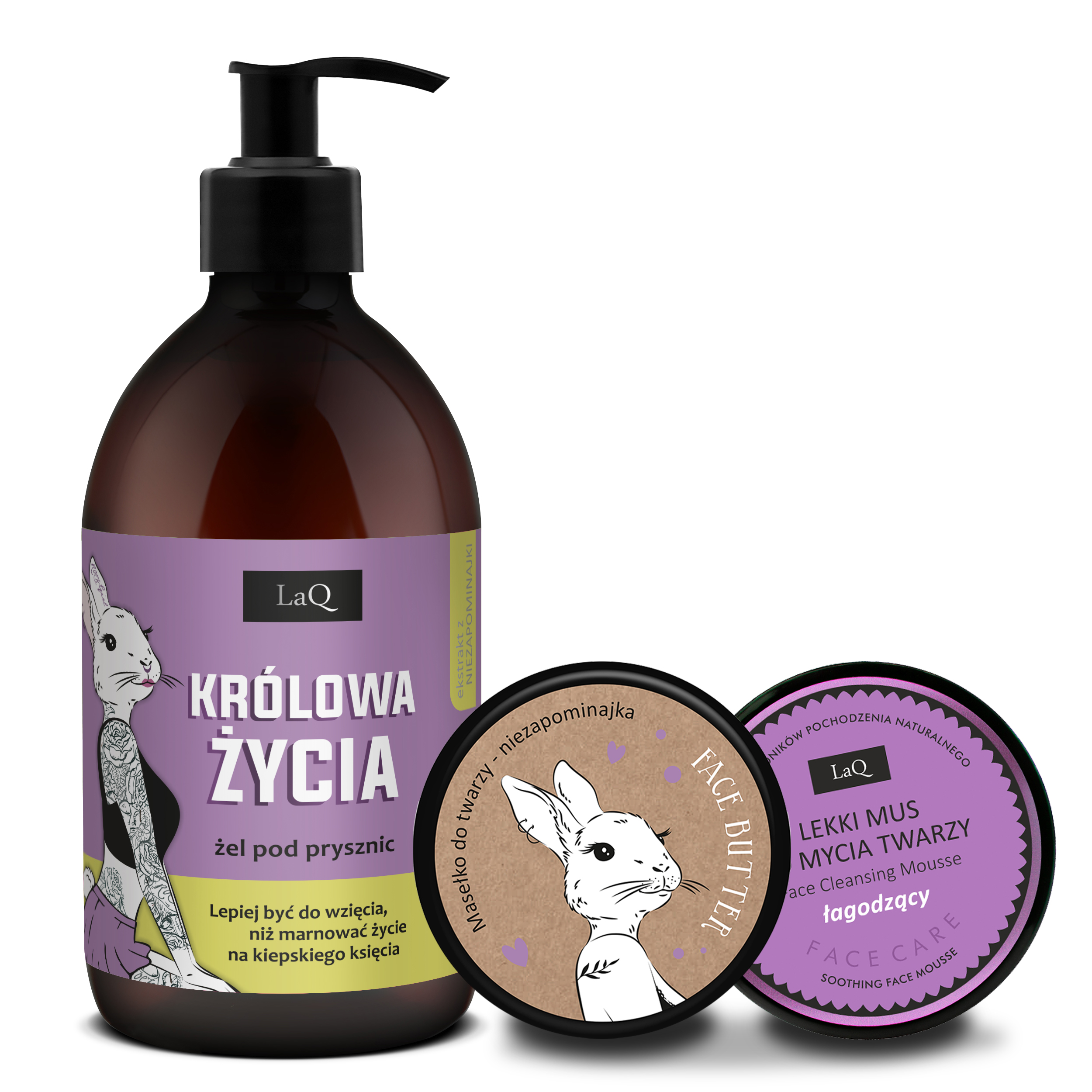 LaQ zestaw żel 500 ml Królowa Życia niezapominajka , masełko do twarzy 50 ml oraz łagodzący lekki mus do mycia twarzy łagodzący niezapominajka
