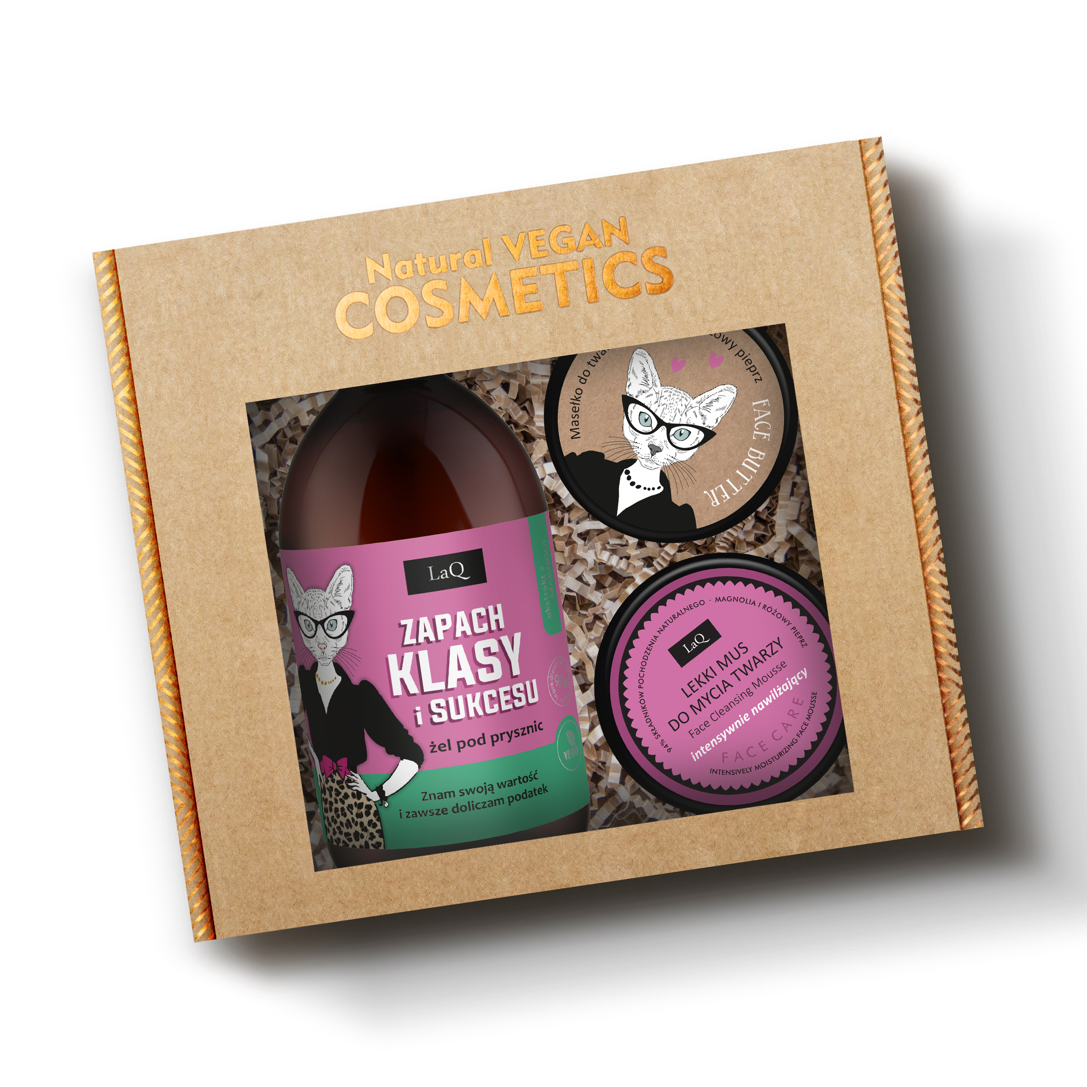 LaQ zestaw żel 500 ml Klasa i Sukces Magnolia i różowy pieprz masło do twarzy 50 ml oraz lekki mus do mycia twarzy magnolia w kartoniku prezentowym na sianku