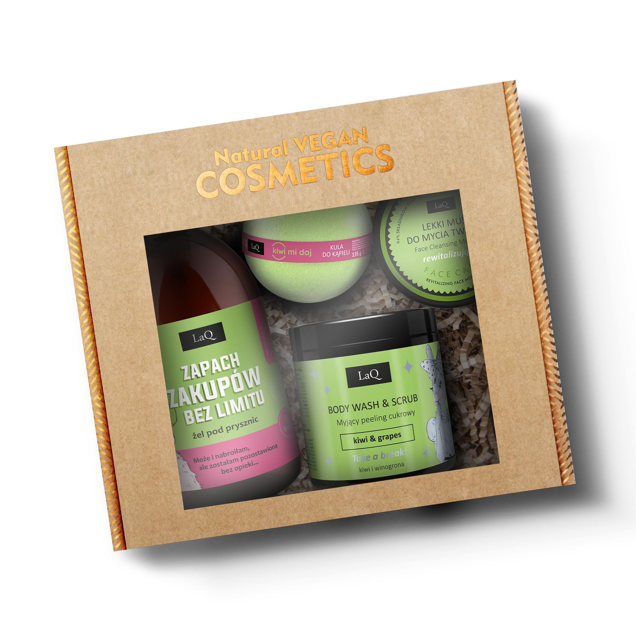 zestaw LaQ Kiwi i Winogrona: żel pod prysznic 500 ml o zapachu zakupów bez limitu, peeling myjący 220 g, mus do mycia twarzy 40 g oraz kula kąpielowa 135 g zapakowane w kartoniku prezentowym