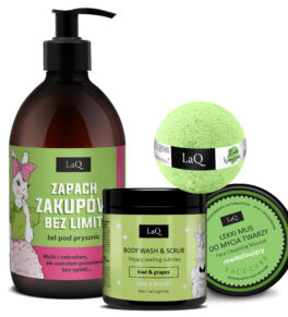 zestaw LaQ Kiwi i Winogrona: żel pod prysznic 500 ml o zapachu zakupów bez limitu, peeling myjący 220 g, mus do mycia twarzy 40 g oraz kula kąpielowa 120 g