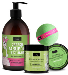 zestaw LaQ Kiwi i Winogrona: żel pod prysznic 500 ml o zapachu zakupów bez limitu, peeling myjący 220 g, mus do mycia twarzy 40 g oraz kula kąpielowa 135 g