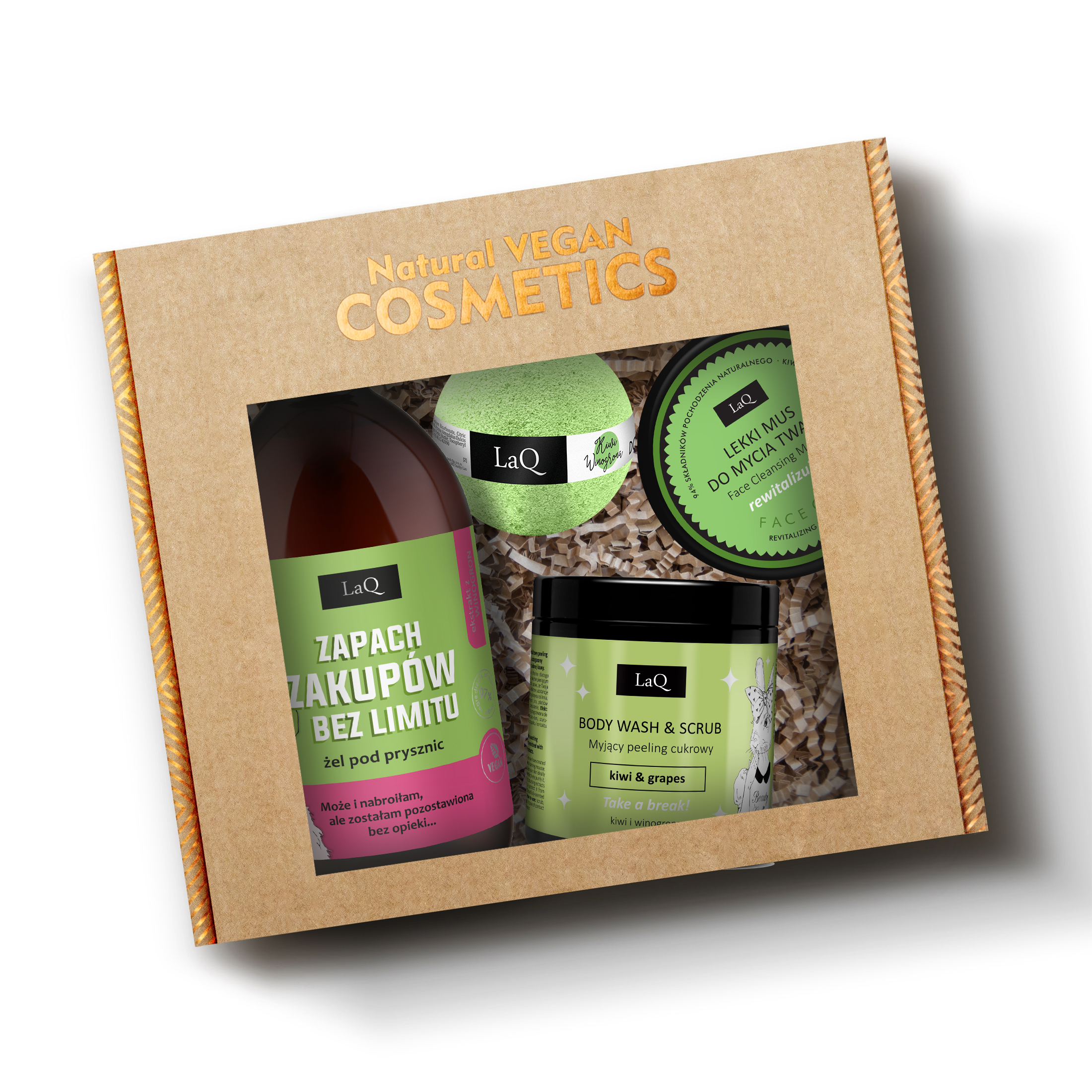 zestaw kosmetyków dla kobiet LaQ Kiwi i Winogrona Zapach Zakupów bez limtu-zawiera żel pod prysznc 500 ml w butelce z pompką, myjący peeling do ciała 220 g, lekki mus do mycia twarzy rewitalizujący 40 g oraz kulę kąpielową 120 g w kartoniku prezentowym na sianku