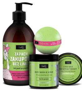 zestaw LaQ Kiwi i Winogrona: żel pod prysznic 500 ml o zapachu zakupów bez limitu, peeling myjący 220 g, mus do mycia twarzy 40 g oraz kula kąpielowa 135 g