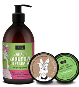 LaQ Zestaw żel 500 ml Zapach zakupów bez limitu Kiwi i Winogrona, masło do twarzy 50 ml i mus do mycia twarzy 40 g