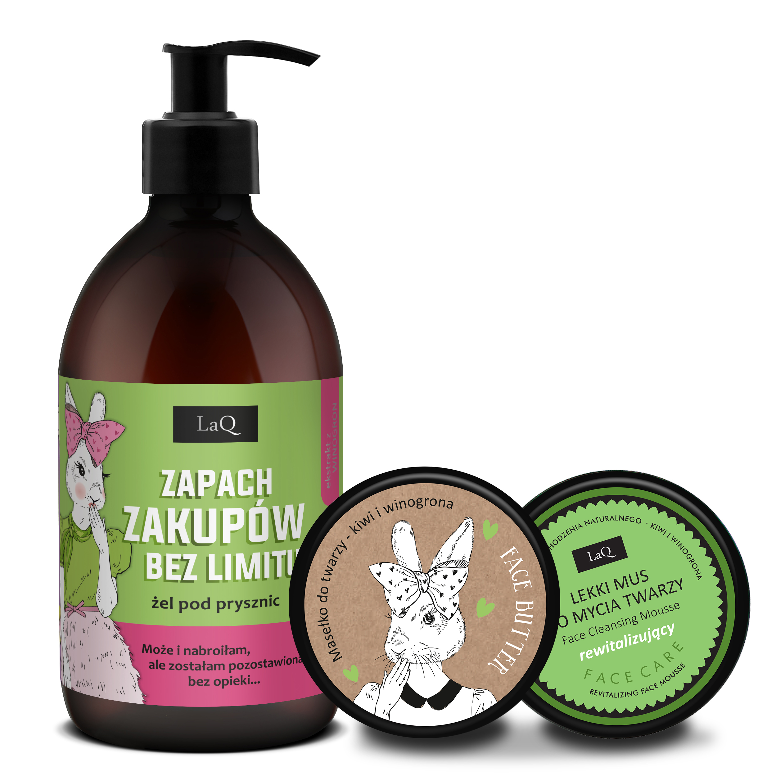 LaQ Zestaw żel 500 ml Zapach zakupów bez limitu Kiwi i Winogrona, masło do twarzy 50 ml i mus do mycia twarzy 40 g