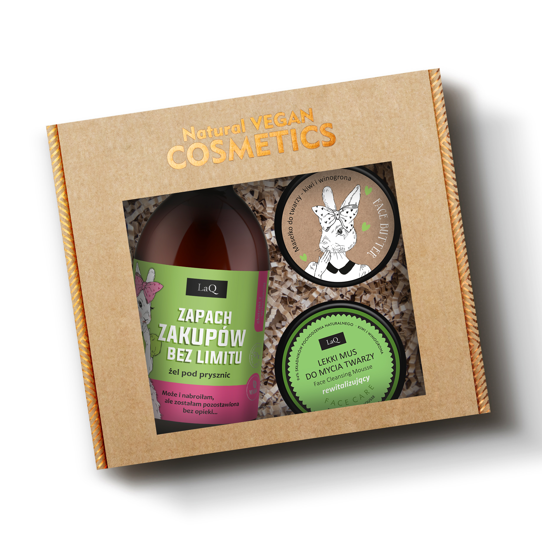 LaQ Zestaw żel 500 ml Zapach zakupów bez limitu Kiwi i Winogrona, masło do twarzy 50 ml i mus do mycia twarzy 40 g w kartoniku prezentowym na sianku